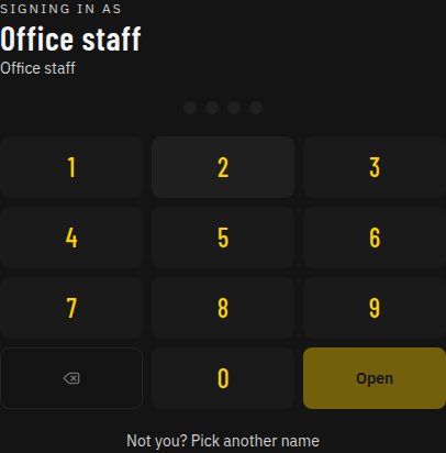Name and PIN — pick a name, type the PIN, tap Open.